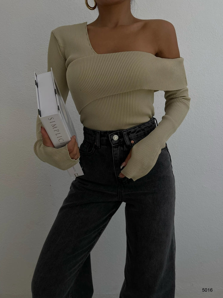 Beige Asymmetrical Knitwear Sweater