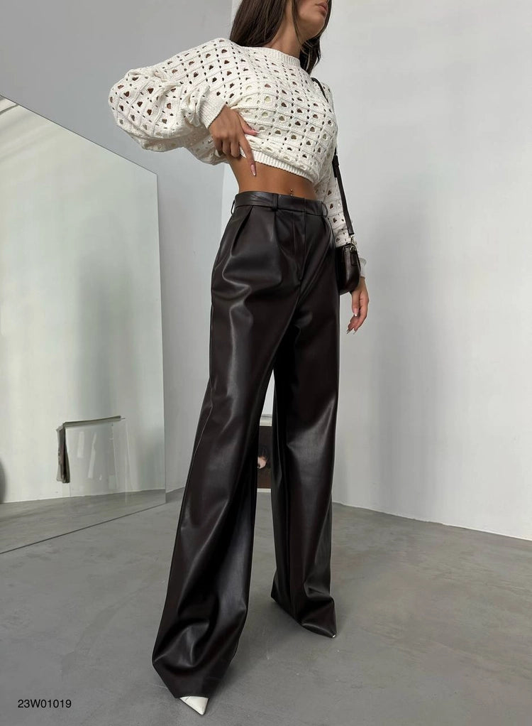 Brown Pleated Wide-Leg Leather Pants
