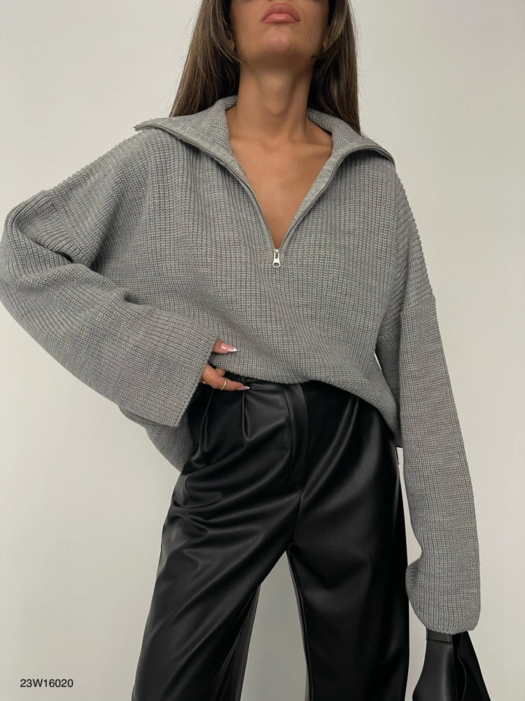 Grey Collar Zipper Detail Sweater