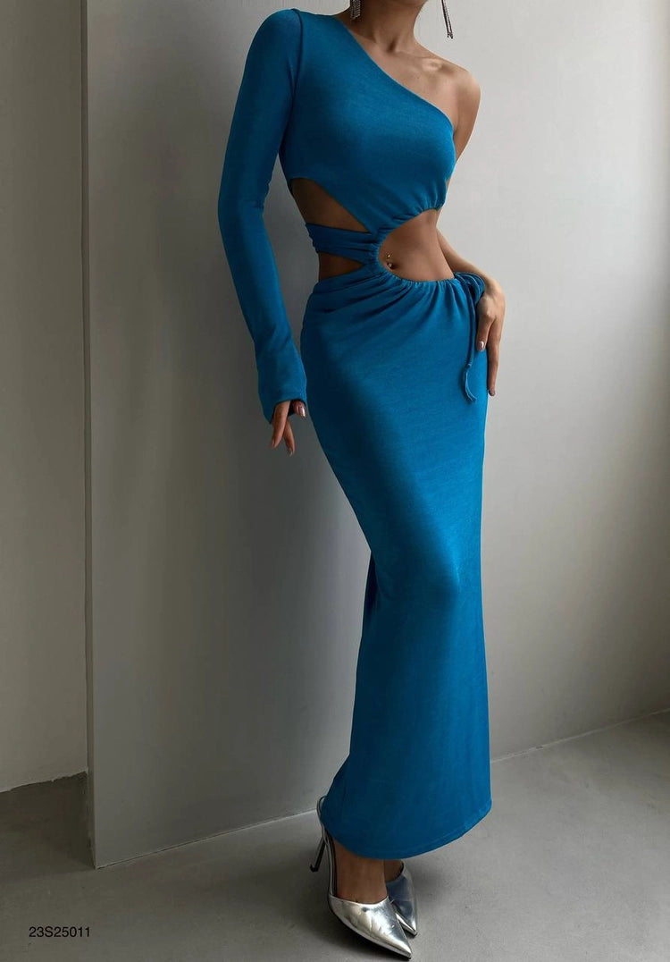 Blue One Shoulder Decollete Slit Dress