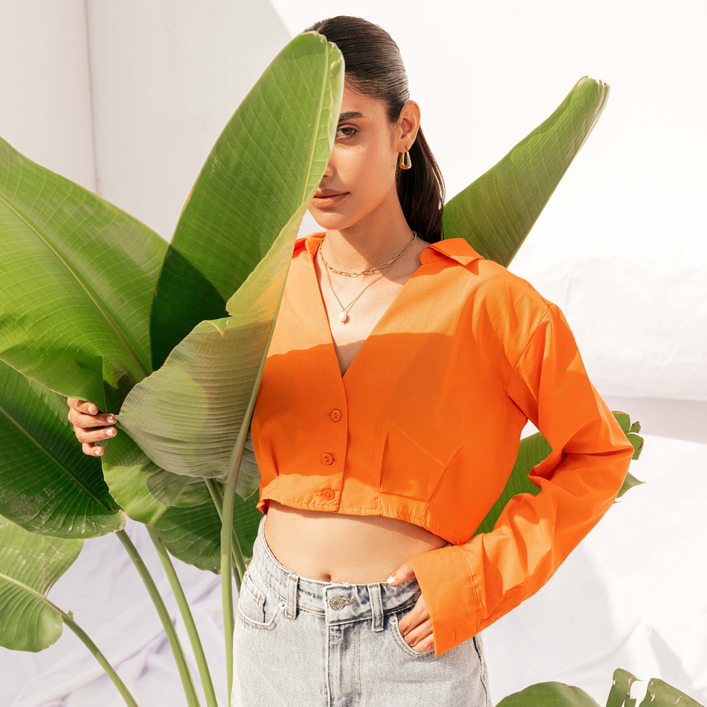 Orange Oversized Crop Shirt