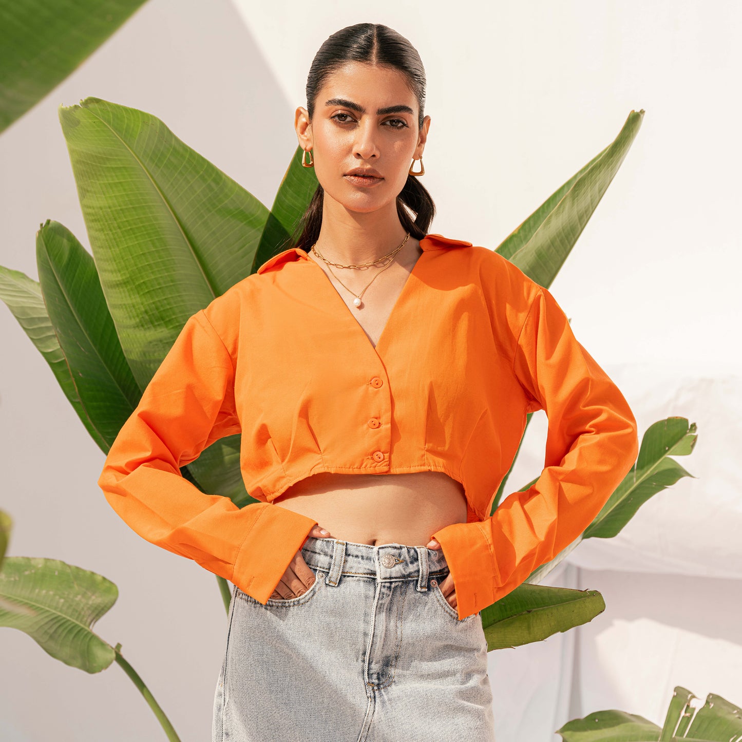Orange Oversized Crop Shirt