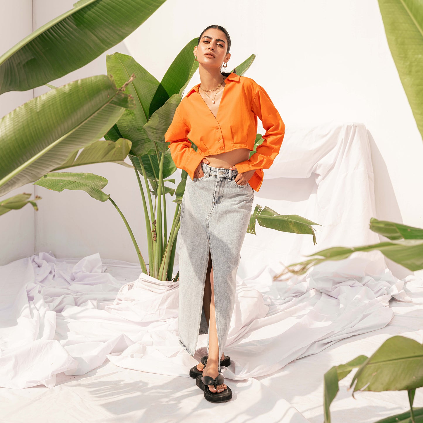 Orange Oversized Crop Shirt