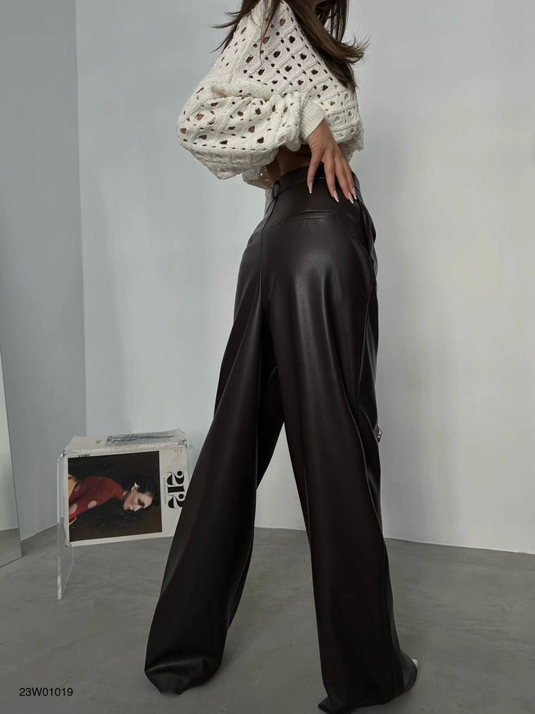 Brown Pleated Wide-Leg Leather Pants