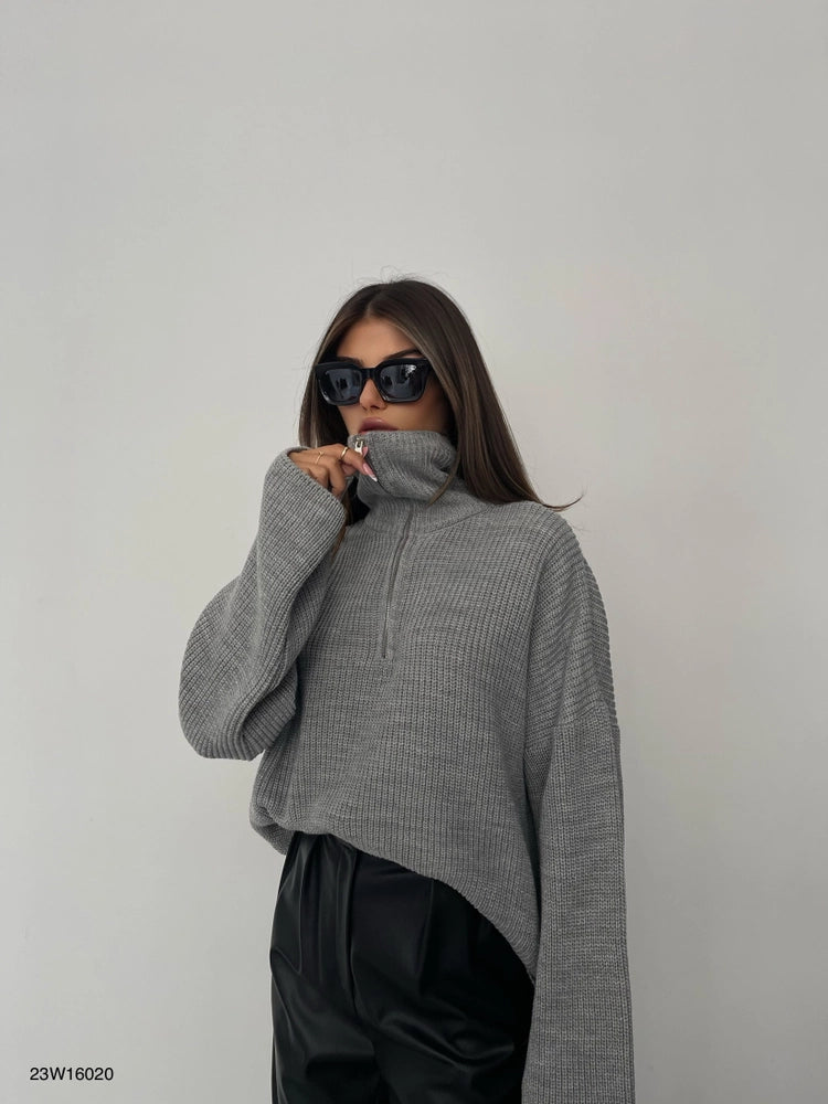 Grey Collar Zipper Detail Sweater